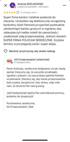 Rzetelna opinia klienta o Go Przeprowadzki z odpowiedzią firmy – Warszawa.